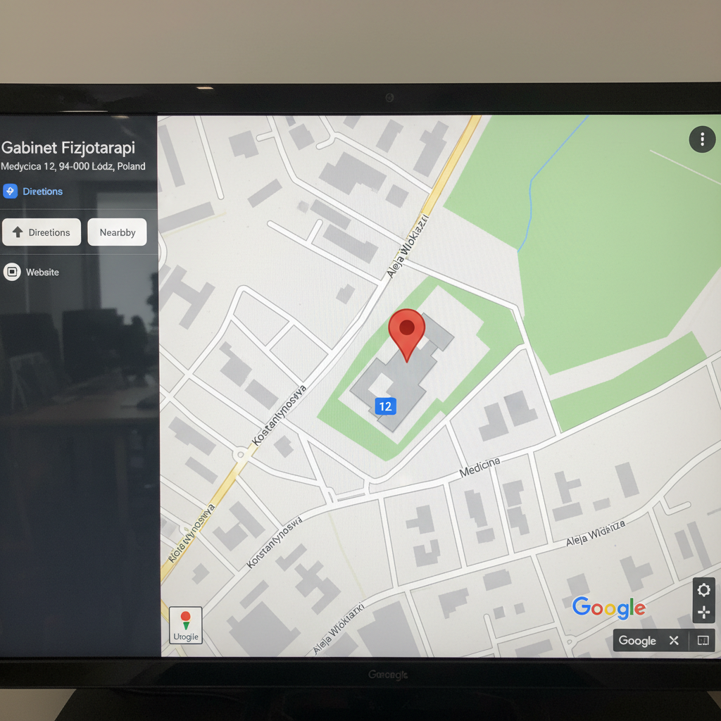Ekran monitora wyświetla mapę Google z oznaczoną lokalizacją gabinetu fizjoterapii przy ulicy Medycyna w Łodzi.